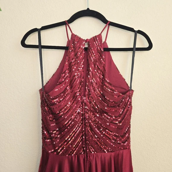 B. Darlin Women's Red Satin Sequin Halter Top Side Slit Maxi Dress Gown Sz 3/4 - Picture 4 of 16